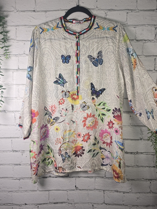 Johnny Was Tops - JOHNNY WAS KENDRA SILK TUNIC CREAM EMBROIDERD BUTTERFLIES FLORAL WOMENS MED